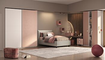 Cameretta ragazze con letto contenitore Beige, finitura Flamingo e Bianco