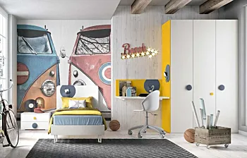 Cameretta con letto singolo e armadio battente, finitura Bianco frassino e Girasole