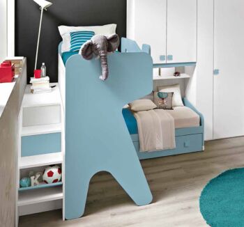 Cameretta soppalco angolare con passerella, finitura Bianco frassino, Celeste e Gessato cenere