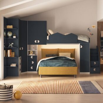 Cameretta soppalco con angolo, Bianco opaco e Blu navy