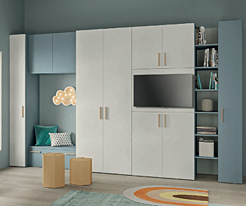Armadio con porta tv e libreria, finitura Cemento artico, Cadaques e Royal oak