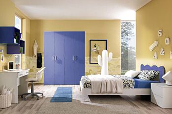 Cameretta completa linea onda con letto una piazza e mezza, bianco frassinato e blu