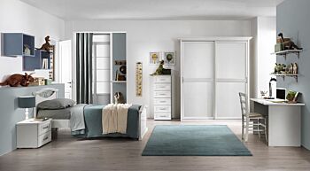 Cameretta shabby 01 con armadio, letto e comodino, finitura Bianco frassinato