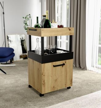 Mobile bar su ruote, 2 piani, finitura Rovere Artisan e Nero opaco