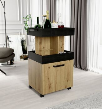 Mobile bar industry su ruote, 2 piani, finitura Rovere Artisan e Nero opaco