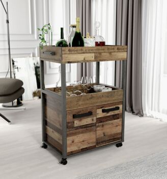 Carrello porta bibite con ruote, finitura Rovere effetto invecchiato e Cemento scuro