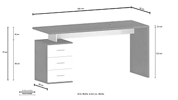 Scrivania 3 cassetti, 160x75x60 h cm, Bianco laccato lucido e Ardesia