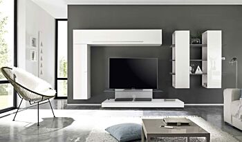 Parete attrezzata con Base TV in finitura bianco laccato lucido