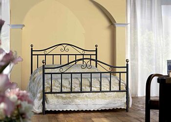 Letto Gibbons in tubolare di ferro con pomoli in ottone brunito, una piazza e mezza, color grafite, made in Italy