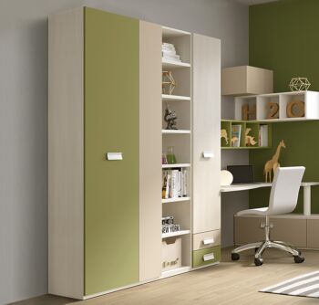 Armadio con 3 ante battenti, 2 cassetti e libreria in finitura LACCATO con struttura in Olmo