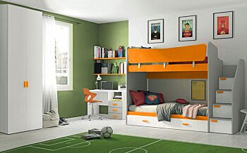 Letto castello Kids 2 posti, Grigio dorian, Papaya, Rovere bianco