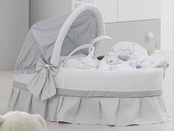 Culla Mr.Bear bianca e grigia con ruote, decori con orsetti