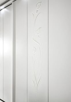 Armadio moderno, 2 ante scorrevoli e di design, bianco con decoro