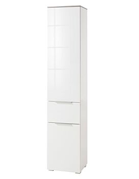 Bagno moderno con colonna, pensile sottolavabo, finitura Bianco Laccato e top Grigio Cemento