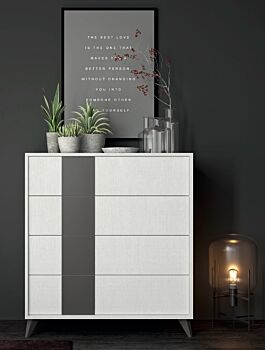 Comò 4 cassetti con piedini in finitura Rovere white e Grigio titanio
