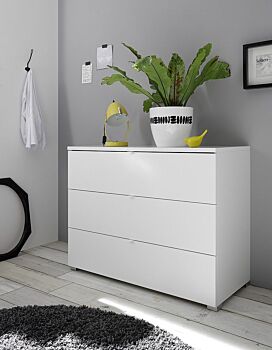 Set Comò e 2 comodini, design moderno, finitura bianco opaco