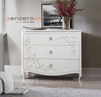 Comò con serigrafia argentata, 3 cassetti in finitura Bianco 