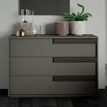 Comò moderno 3 cassetti, Grigio cenere con maniglie cannettato grigio, L.115
