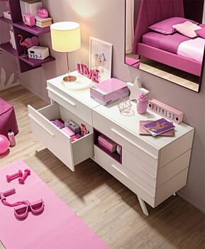 Comò cameretta con 5 cassetti Moretti Compact, laccato Lampone e Bianco