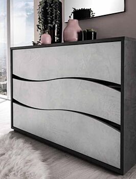 Set moderno composto da comodini e comò, finitura grigio resina chiaro e grigio resina scuro, made in Italy