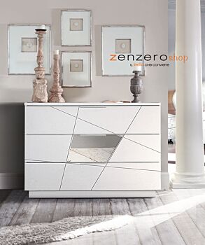 Comò serigrafato con inserti specchio a 3 cassetti, Bianco