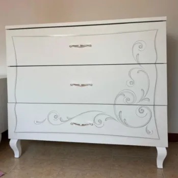 Comò Bianco opaco con serigrafia, 3 cassetti, Made in Italy