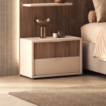 Comodino 2 cassetti, Cashmere e Noce caramello cannettato