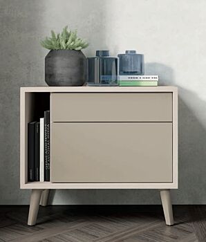 Comodino moderno 2 cassetti e vano in finitura Ciliegio bianco e Canapa