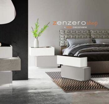 Coppia di comodini sfasati Palawan in finitura Grigio, Bianco con top in Marmo nero