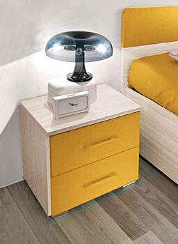 Comodino moderno con 2 cassetti, Olmo e Giallo, made in Italy