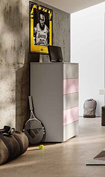 Settimino moderno con 5 cassetti, finitura Bianco altea, Rosa confetto e Grigio seta