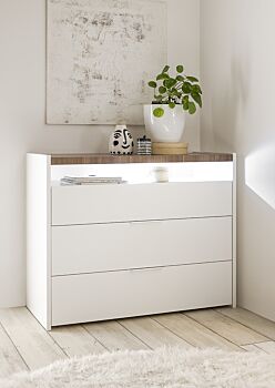 Comò moderno 3 cassetti, finitura Bianco opaco e Noce Stelvio. Guide ammortizzate