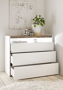 Comò moderno 3 cassetti, finitura Bianco opaco e Noce Stelvio. Guide ammortizzate