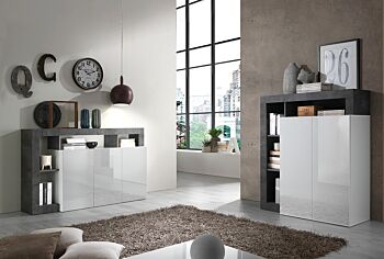 Soggiorno moderno composto da una madia a 3 ante e una madia a 2 ante in finitura bianco  e ossido