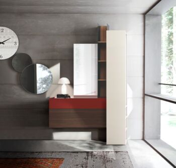 Ingresso finitura materico rovere termocotto, laccato opaco bordeaux e laccato opaco madreperla
