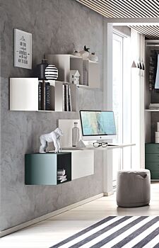 Zona studio con scrivania sospesa in finitura Bianco frassino e Blu reale