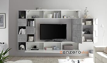 Pareti design moderno, arredamento pareti attrezzate bianco lucido e beton con pensile Miss