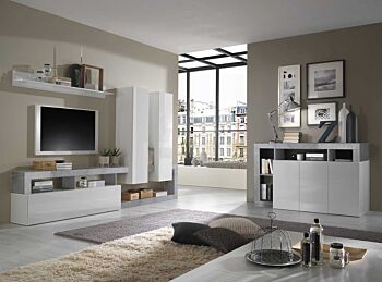 Soggiorno di design composto da parete attrezzata e madia a 3 ante in finitura bianco e Cemento