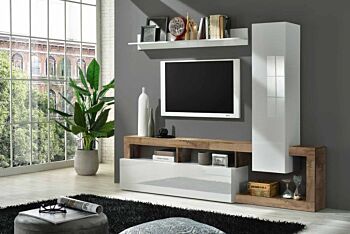 Soggiorno moderno di design composto da parete attrezzata e madia a 2 ante in finitura bianco e Pero Zenzero Shop