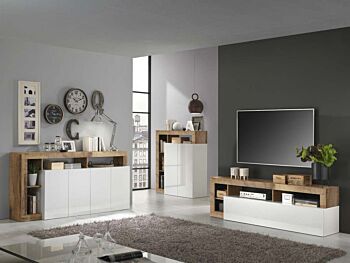 Soggiorno moderno composto da 2 madie e un porta Tv in finitura bianco e pero