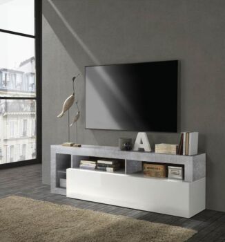 Soggiorno moderno composto da una madia a 4 ante e un porta Tv in finitura bianco e Cemento