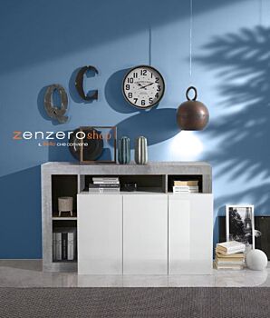 Soggiorno di design composto da parete attrezzata e madia a 3 ante in finitura bianco e Cemento