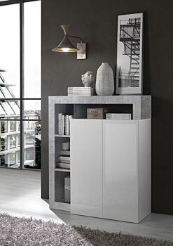 Soggiorno moderno completo in finitura bianco laccato lucido e Cemento