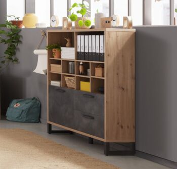 Libreria Industry per ufficio con 2 cassetti e un'anta in finitura Rovere e Grigio smoke