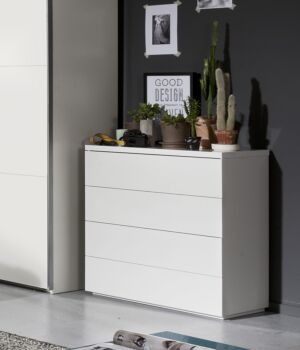 Comò moderno con 4 cassetti in finitura Bianco laccato lucido
