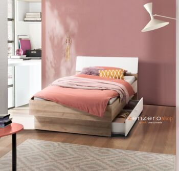 Letto una piazza e mezza con testata ricurva in finitura Rovere e Bianco laccato