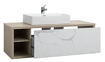 Mobile per il bagno, sottolavello con cassetto in finitura Rovere e Marmo bianco