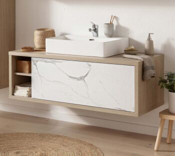 Mobile per il bagno, sottolavello con cassetto in finitura Rovere e Marmo bianco