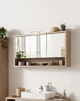 Mobile del bagno,Pensile specchio con 3 ante in finitura Rovere