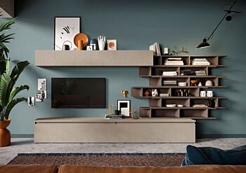 Parete attrezzata di design L.276 con libreria, finitura Argilla e Bronzo 